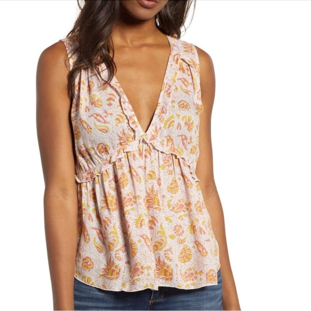 Lucky Brand Sleeveless Ruffle Floral Romantic Deep V-Bobo Hippie Neck Tank Top
